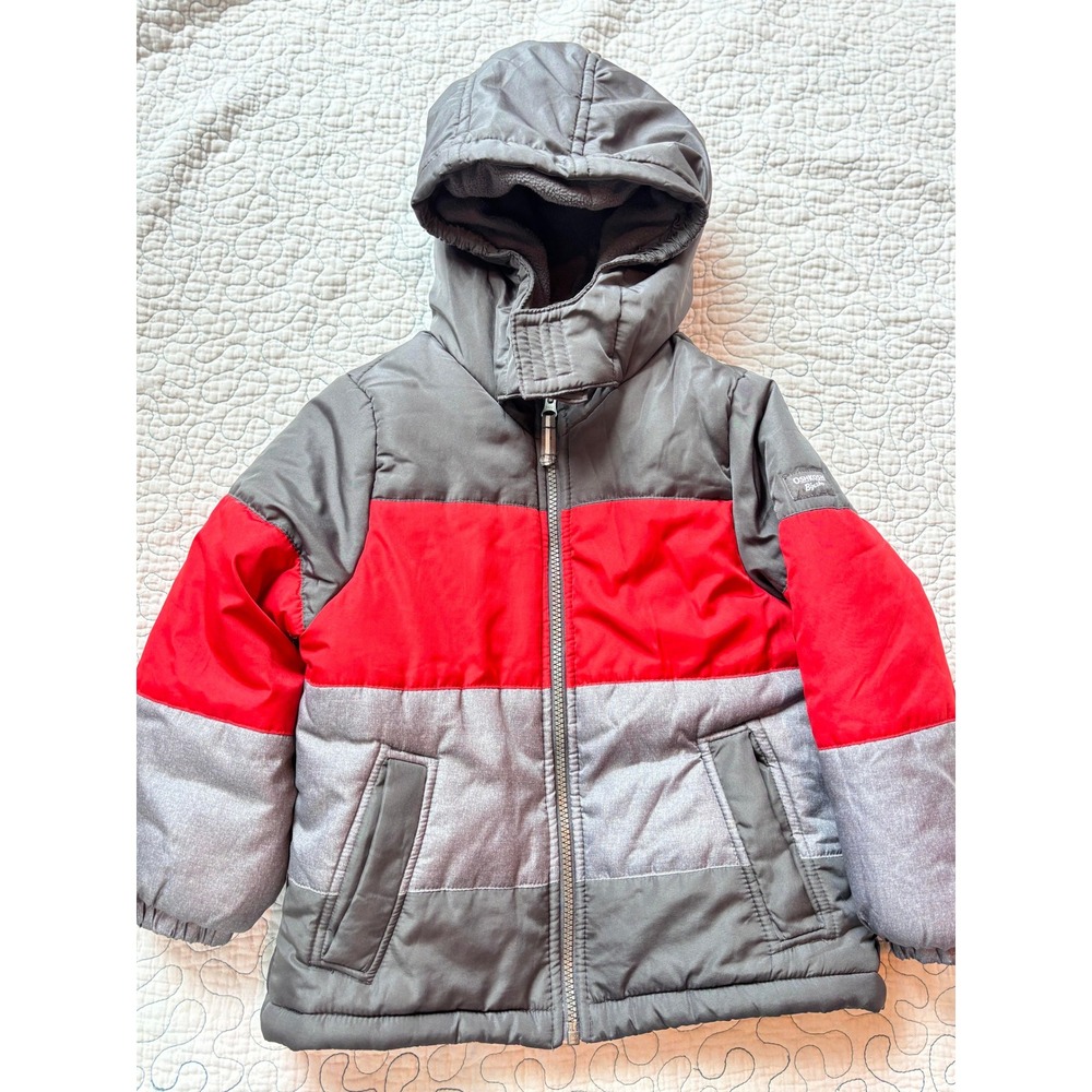 OshKosh Bgosh Kids Grey Red Colorblock Hooded Jacket Fleece Lined Size 5-6